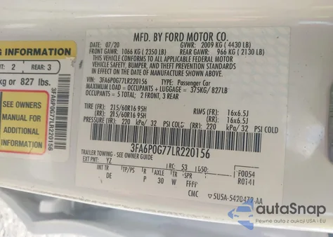 2020 Ford Fusion S из США, поврежденный, VIN 3FA6P0G77LR220156